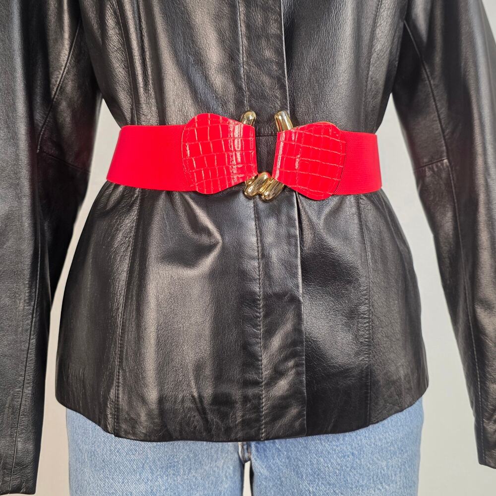 Vintage Wide Elastic Waist Cinch Belt Faux Croc Gold Infinity Hook Clasp